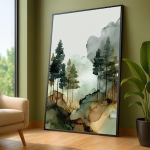 Stampa su tela "Foresta nebbiosa", sagome di alberi astratti, arte murale nei toni della terra