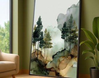 Misty Forest Canvas Print, Abstract Tree Silhouettes, Earth Tone Wall Art