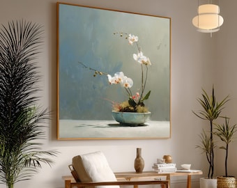Weiße Orchidee Leinwanddruck, minimalistische Blumenwandkunst, Zen-Dekor