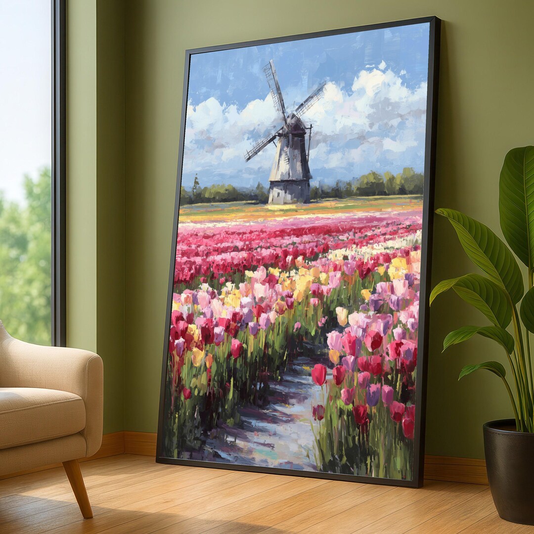 Tulip Field Canvas Print, Dutch Windmill, Spring Floral Wall Art - Etsy