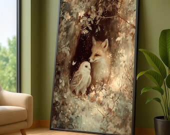Fox and Owl Canvas Print, Enchanted Forest Scene, Wildlife Art