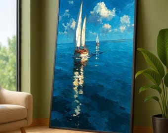 Quadro em tela com paisagem marítima e veleiros, arte de parede, decoração náutica costeira.