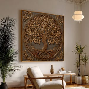 Stampa su tela "Albero della Vita", scultura floreale, simbolo della natura, decorazione murale (pronta per essere appesa)