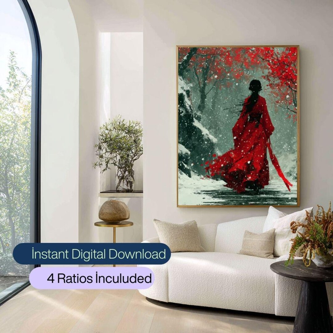 Samurai Woman Red Kimono Wall Art, Japanese Zen Painting (digital ...
