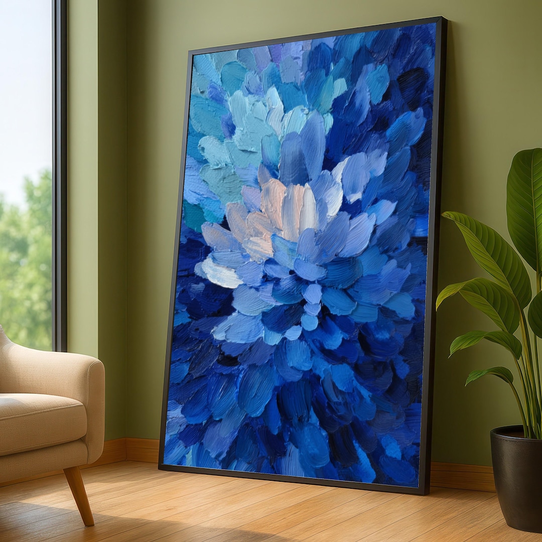 Abstract Blue Floral Canvas Print, Oil Painting Style Wall Art ...