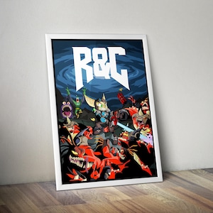 May include: A framed poster featuring a vibrant action scene with characters in a video game style. The artwork showcases a central figure with a weapon, surrounded by various creatures in shades of red, green, and black. The poster has the text "R&C" in white.