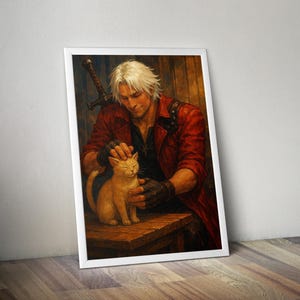 May include: A framed art print depicts a man with white hair and a red coat petting a light orange cat. A sword is visible behind the man. The artwork is set against a wooden background, creating a warm and inviting scene.