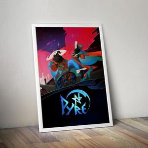 Puede incluir: Una impresión artística enmarcada con una ilustración estilizada. Dos figuras con atuendos azules y rojos sobre un cielo rojo y púrpura. La palabra "PYRE" se muestra en texto azul estilizado.