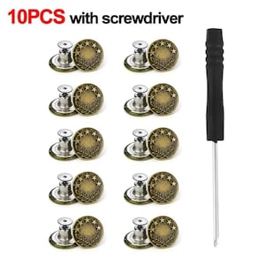 May include: Ten round bronze-toned metal buttons featuring a star and leaf pattern, each with a screw-back mechanism. The set includes a black-handled screwdriver. The text 10PCS with screwdriver is displayed at the top of the image.