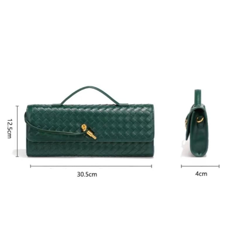 May include: A dark green woven leather handbag with a top handle and a gold-coloured clasp. The bag is rectangular, measuring 12.5 cm high, 30.5 cm wide, and 4 cm deep. The bag is shown from the front and side.