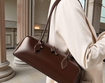 Leather Baguette Bag – Small Vintage Shoulder Purse, Underarm Tote, Elegant Top Handle Handbag for Women