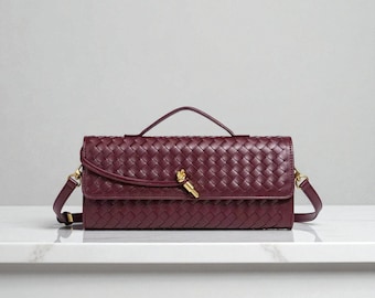 Woven Leather Crossbody Bag – Classic Handmade Clutch Purse with Gold Clasp | Elegant Shoulder Handbag for Women