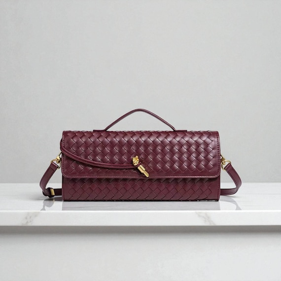 Woven Leather Crossbody Bag – Classic Handmade Clutch Purse with Gold Clasp | Elegant Shoulder Handbag for Women