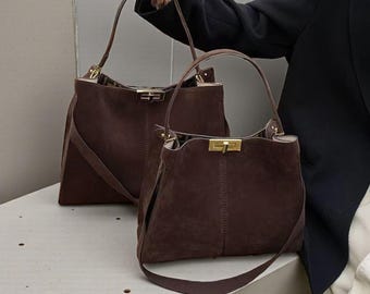 Large Suede Shoulder Tote Bag – Vintage-Style Leather Handbag for Women, Soft Everyday Carryall