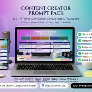 AI Prompt Pack for Creators | YouTube, Instagram, TikTok, Podcast, Blog