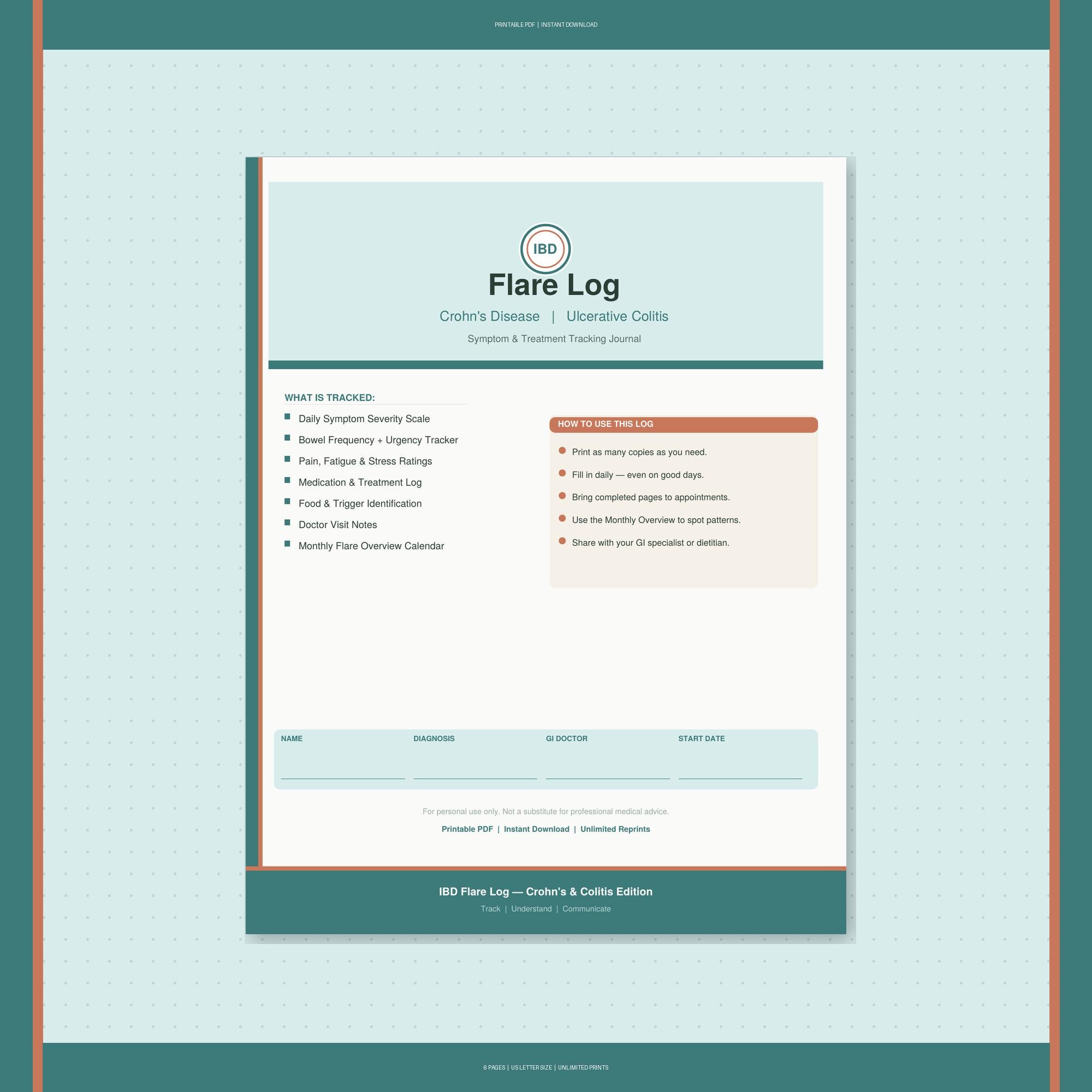 Flared Log IBD Flare Log Printable | Crohn's Colitis Symptom Tracker (PDF Download ...
