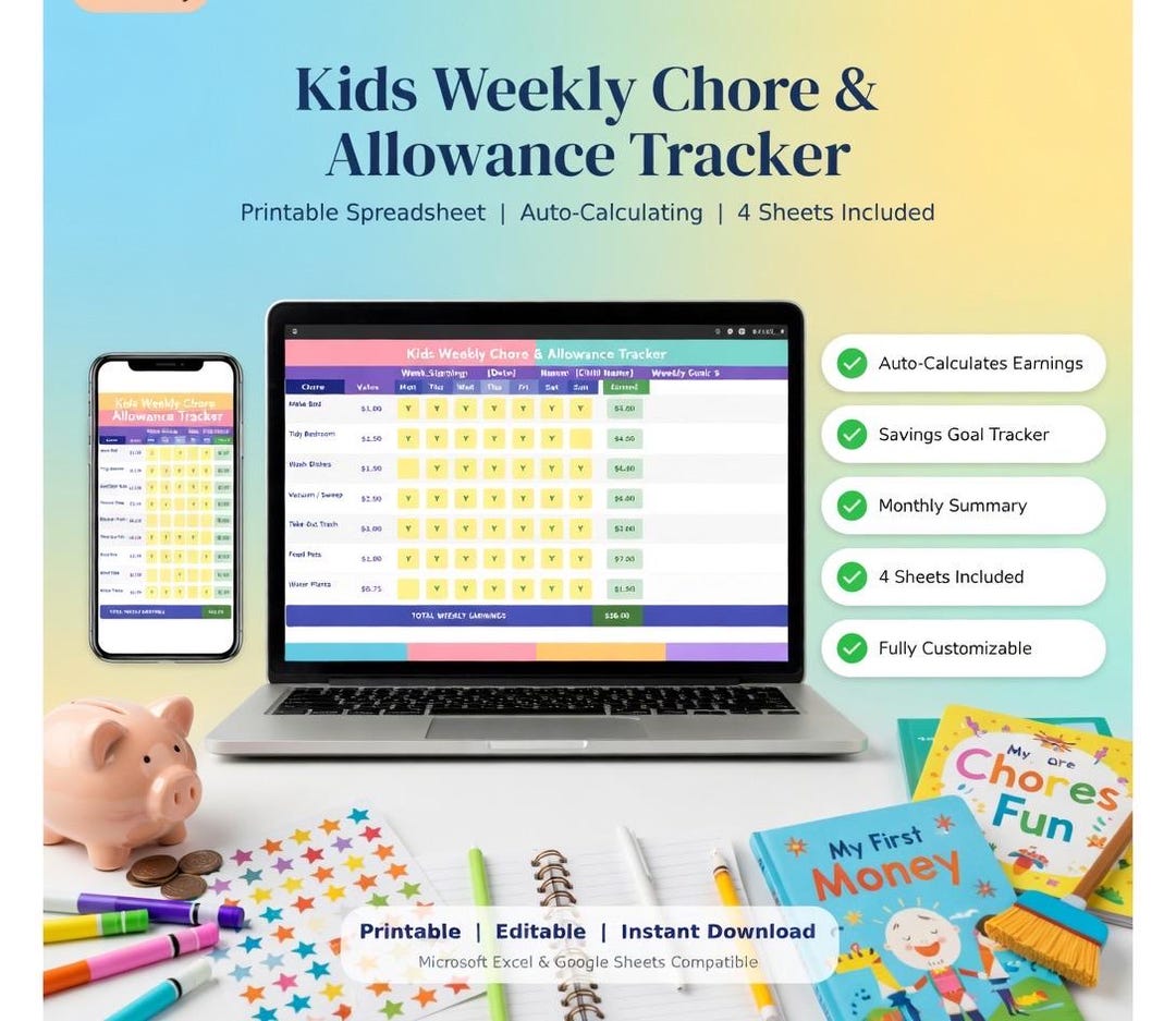 Kids Chore Allowance Tracker Spreadsheet | Weekly Money Planner (excel ...