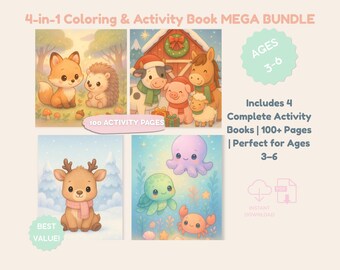 100+ Kids Activity & Coloring Pages Bundle | Preschool Printable Worksheets | Cute Animal Tracing, Counting, Mazes | Ages 3-6 PDF