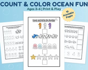 Preschool Math Activities Printable | Counting & Matching Worksheets for Kids Ages 3-6 | Toddler Learning PDF | Ocean Theme