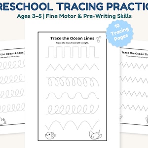 Puede incluir: Páginas de práctica de trazado preescolar para niños de 3 a 5 años. Las páginas presentan ejercicios de motricidad fina y habilidades de preescritura. Las páginas incluyen el trazado de líneas, bucles y zigzags. El texto dice "Trace the Ocean Lines", "Trace the Ocean Loops" y "Trace the Ocean Sharks".