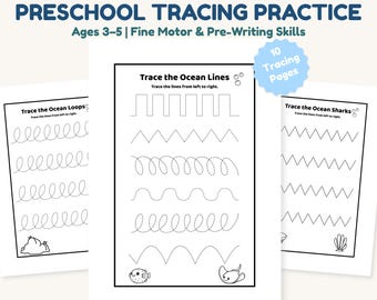 Preschool Tracing Worksheets Printable | Pre Writing Lines Kids Activity | Fine Motor Skills Ages 3–5 | Ocean Theme PDF