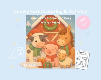 Snowy Farm Animals Coloring & Activity Book for Kids | Winter Farm Worksheets | Cute Kawaii Farm Coloring Pages Preschool