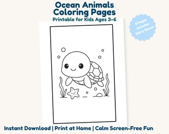 Ocean Animals Coloring Pages for Kids 3-6 Printable Preschool Coloring Pack Ocean Animal Activity Instant Download PDF