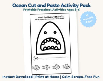 Ocean Cut and Paste Activities for Preschool | Scissors Practice Printable | Ocean Animals Fine Motor Activity | Kids Activity Ages 3-6