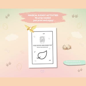 May include: A children's activity book with a white cover, featuring a black and white illustration of a leaf and a cartoon character. The text "THIS BOOK BELONGS TO" is visible. The background is light orange with dinosaur-themed graphics and text that reads "MAGICAL & EASY ACTIVITIES".