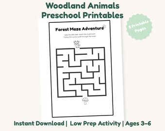 Woodland Animals Preschool Printable – Forest Activity Pack for Kids 3-6 – Tracing Counting Maze Worksheets PDF