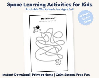 Space Preschool Activity Pack Printable | Calm Quiet Time Worksheets for Kids 3-6 | Tracing Counting Matching PDF