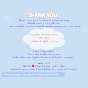 May include: A light blue background with the words "THANK YOU!" in pink. The text expresses gratitude for supporting a small shop and hopes for joyful learning. A cloud-shaped graphic contains text about fun and creativity.