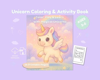 Unicorn Coloring Pages Kids 3-6 | Printable Activity Book PDF | Preschool Worksheets Tracing Counting Mazes Homeschool