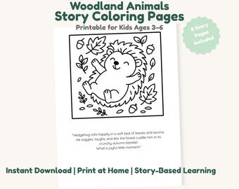 Story Coloring Pages for Preschool – Woodland Animals Calm Printable PDF Ages 3-6, Screen Free Learning Activity