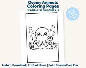 Ocean Animals Bold Coloring Pages for Kids 3-6 Printable | Easy Preschool Coloring Pack | Simple Ocean Coloring Activity | PDF Download