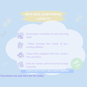 May include: Light blue graphic with text: "WHY KIDS (AND MOMS) LOVE IT!" and bullet points about creativity, fine motor skills, and screen-free activities. Includes "AGES 3-6" and "Download now and start the fun today!"