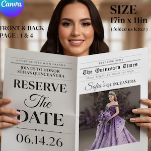 Guardar la fecha para quinceañera en formato periódico editable / Estilo editorial vintage (Descarga digital)