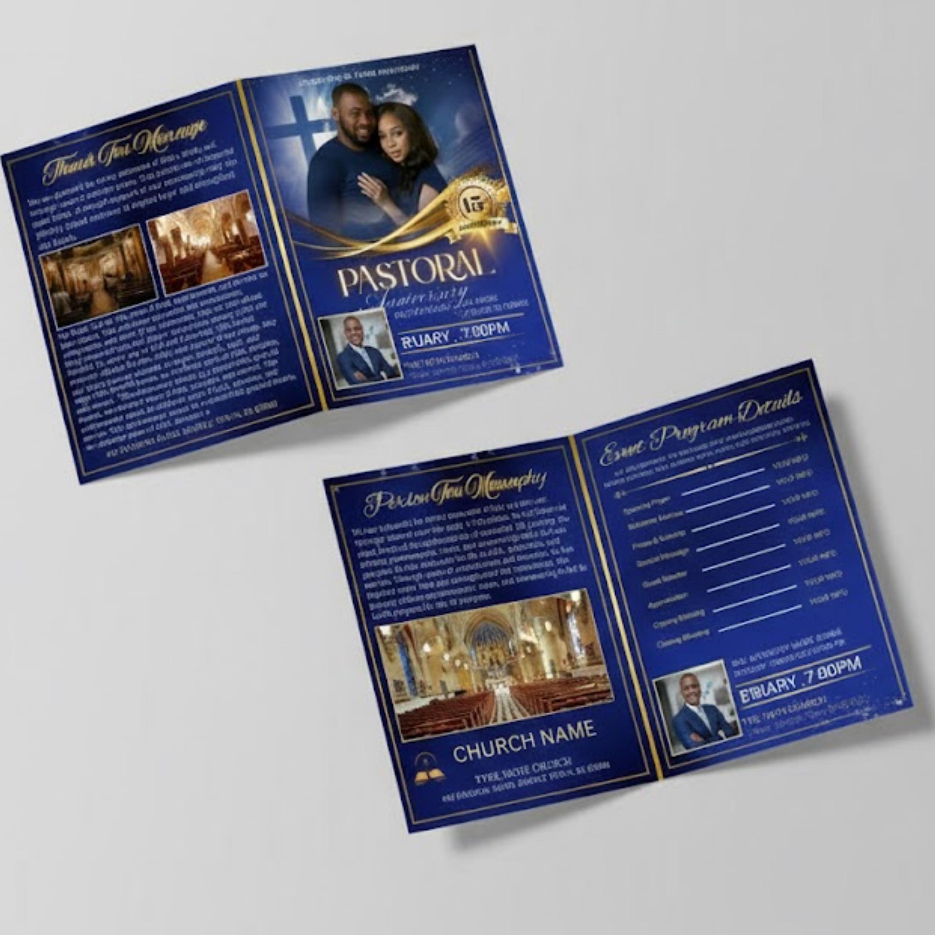 Pastor Anniversary Program Template | Blue & Gold Church Celebration ...