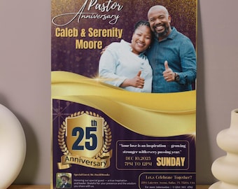 Pastor Anniversary Flyer Template, Church Invite, Appreciation, Gold & Purple Church Invitation (Canva)