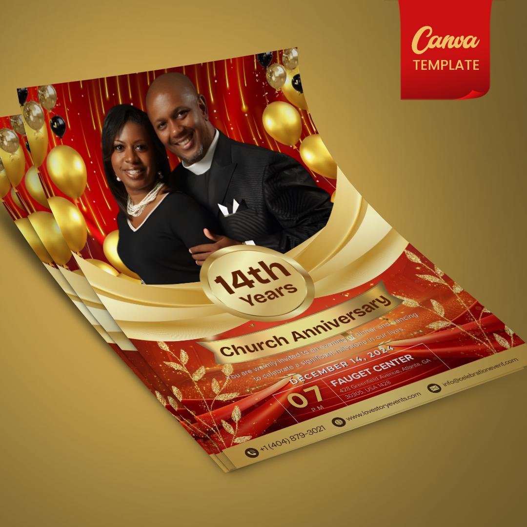 Church Anniversary Flyer | Red & Gold | Editable Invitation (canva ...