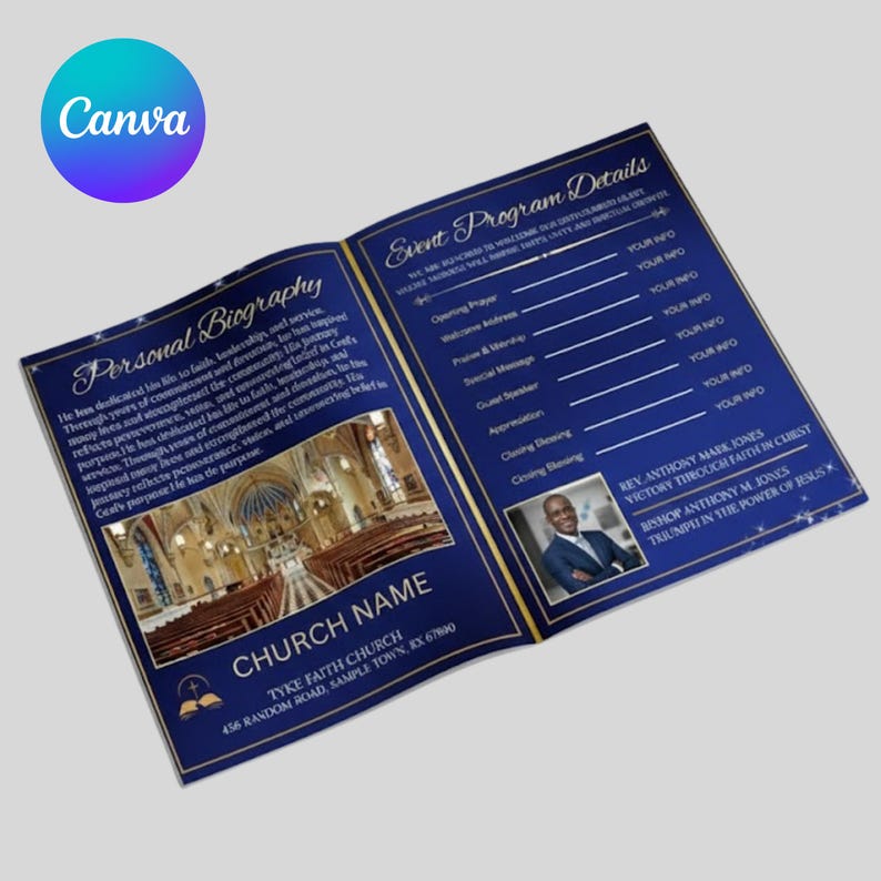 Pastor Anniversary Program Template | Blue & Gold Church Celebration ...