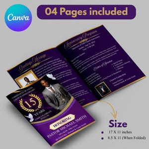 Purple and Gold Pastor Anniversary Program Template, Church Bi-Fold Brochure (Canva Editable, 17x11 inches)