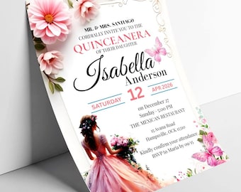 Rosa Blumen Quinceanera Einladung Vorlage | Elegante Sweet 15 Invite (Digitaler Download)