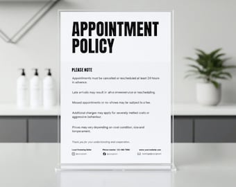 Pflegetermin-Richtlinienschild, druckbares Poster mit Salonregeln, bearbeitbare Canva-Vorlage, Hundepflegerichtlinie, professionelle Salonanzeige