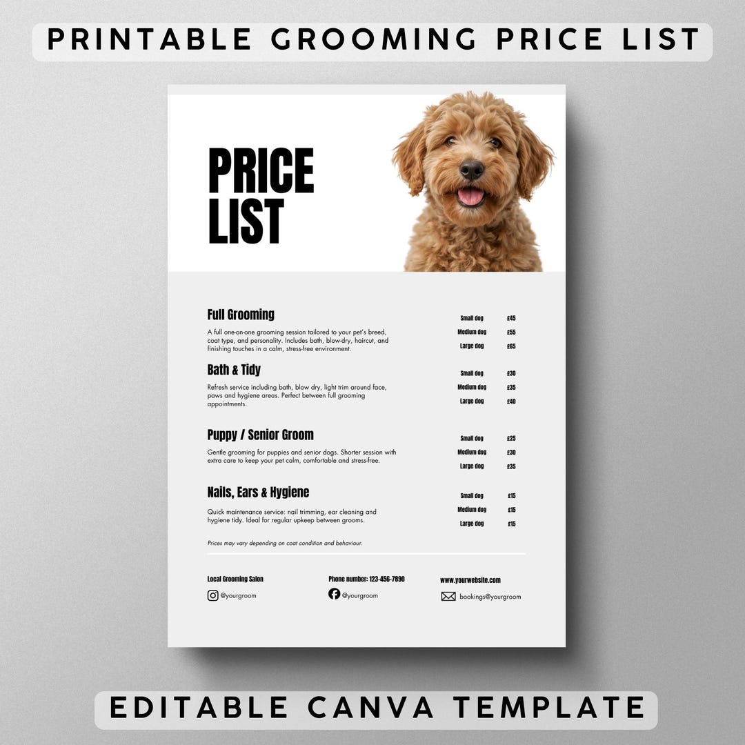 Printable Grooming Price List Template, Editable Canva Price List for ...