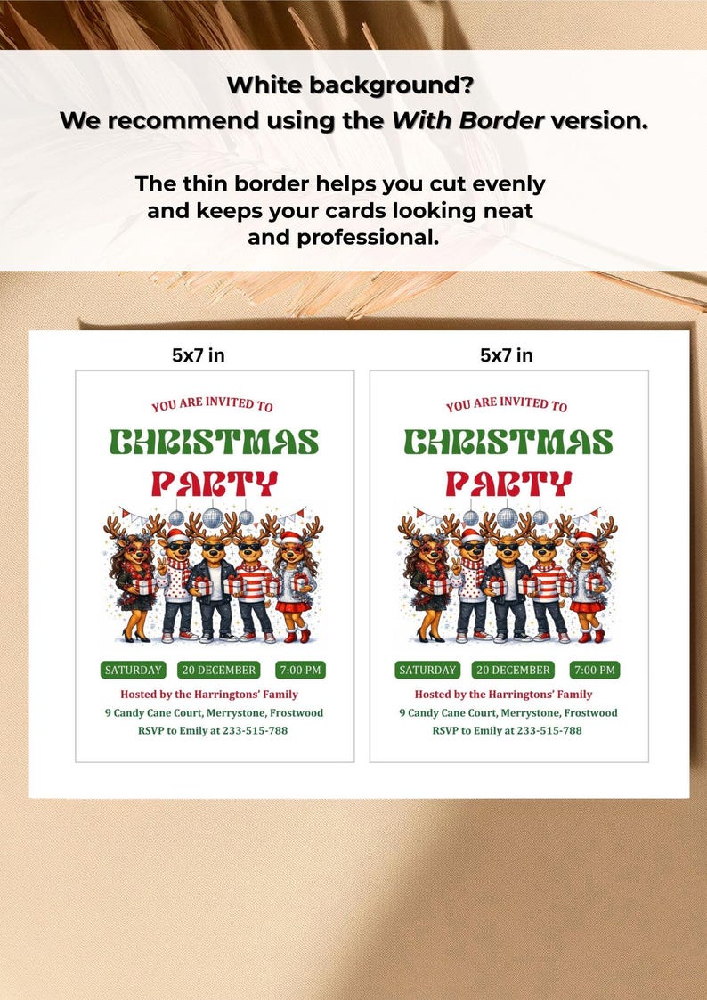 May include: Two 5x7 inch Christmas party invitations. The invitations feature a cartoon illustration of people dressed in festive attire. The text reads "You are invited to Christmas Party" with event details.