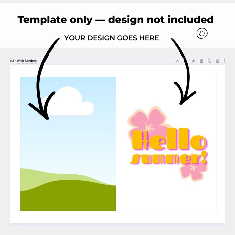 May include: A template design with two sections. The left section features a landscape with a blue sky, white cloud, and green hills. The right section displays the words "Hello summer!" in yellow, with pink flower accents.
