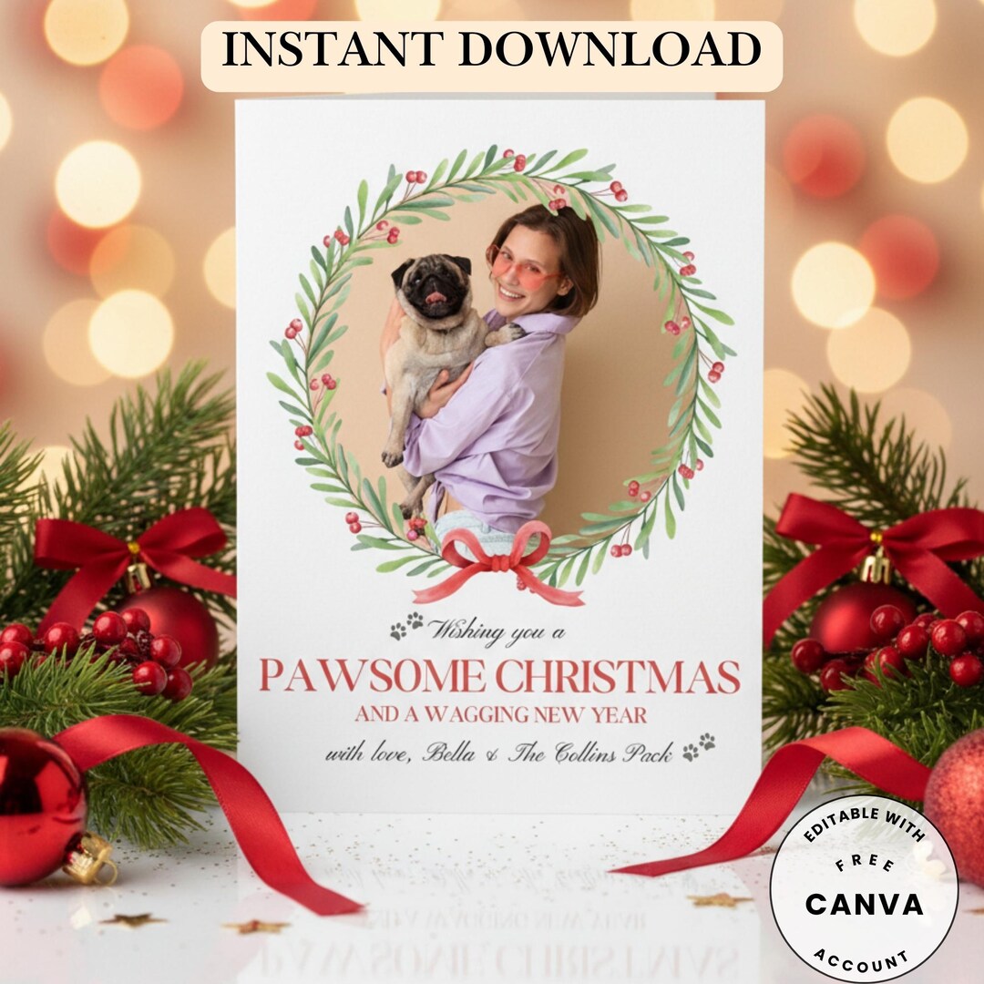 Editable Pet Christmas Card Template, Dog Photo Holiday Card, Custom