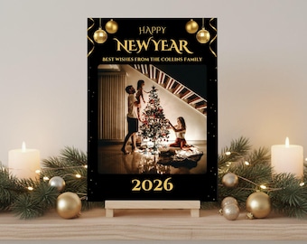 Happy New Year Editable Family Card Template, Custom Photo Greeting Card, Digital 5×7 Canva Printable
