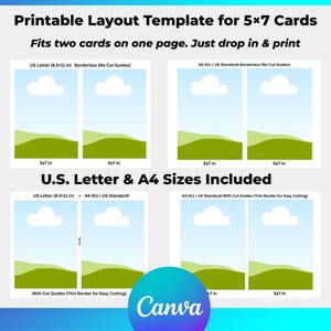 May include: Printable layout template for 5x7 cards. The design includes two cards per page in US Letter and A4 sizes. The template features a landscape design with a blue sky, white clouds, and green hills. The Canva logo is visible.